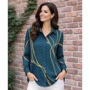 Madison Button Down‎ Blouse Green Chain Print Long Sleeve Size Medium